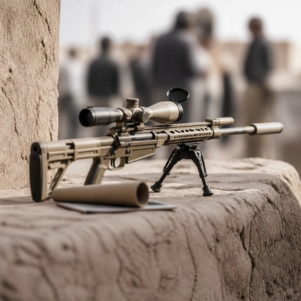 Sniper américain en position de tir dans une ville en ruines